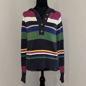 Vtg Y2K Aeropostale Sweater Womens Large Multicolor Striped Henley Neck Hooded